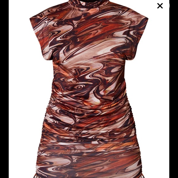 Brown Swirl Print Slinky Sleeveless High Neck Ruched Bodycon Dress - Picture 4 of 4